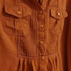 Burnt Orange Causal Front Pockets Blouse
